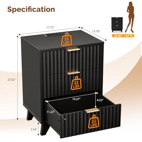 Image of VINGLI Black Fluted Nightstands Set of 2 with Charging Station,3 Drawer Black Wood Nightstand for Bedroom, Modern Night Stand with Drawers, Fluted Bedside Table /End Table /Side Table, 2 pcs