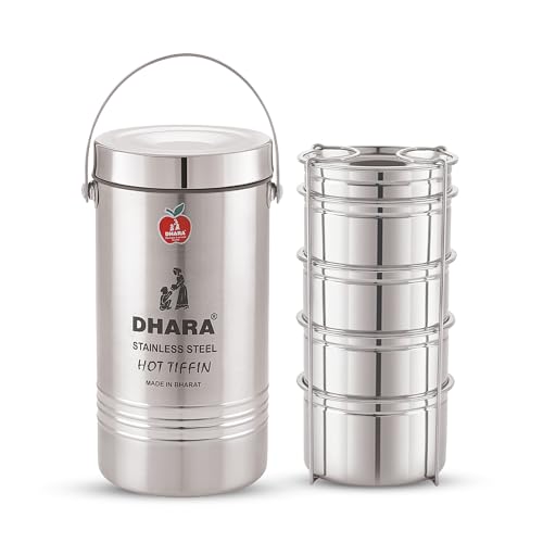 Image of Dhara Stainless Steel Big 5 Tier Tiffin Box, 1950ml | Insulated, For Office Work Travel & Picnic Use
