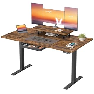 VASAGLE Bureau Électrique Réglable en Hauteur, 140 x 70 cm, Support d'Écran à Montage Flexible, Tiroir, Port USB-C, Rappel de Sédentarité, pour Télétravail, Marron Rustique LSD154KD01