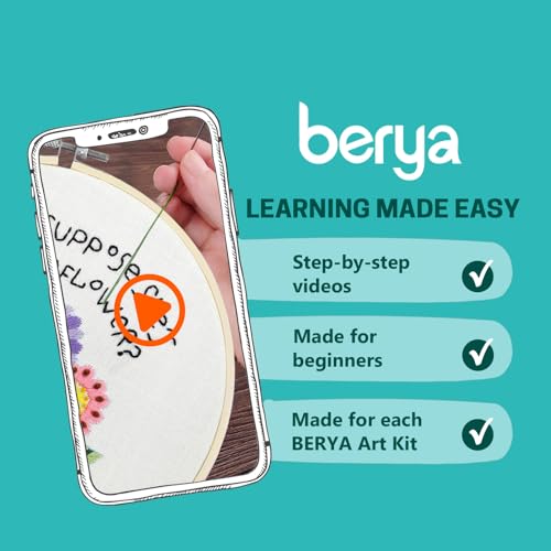 Image of BERYA Flowers Embroidery Kit Including Video Step by Step Instructions,Embroidery Hoop,Color Threads and Embroidery Scissors for Beginners-Handmade Needlepoint Kits for Adults