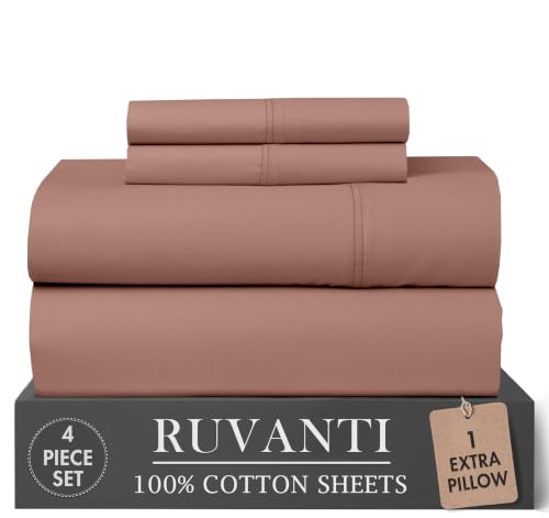 RUVANTI 100% Cotton Twin XL Sheets, Percale Weave Twin XL Set, Mocha Taupe