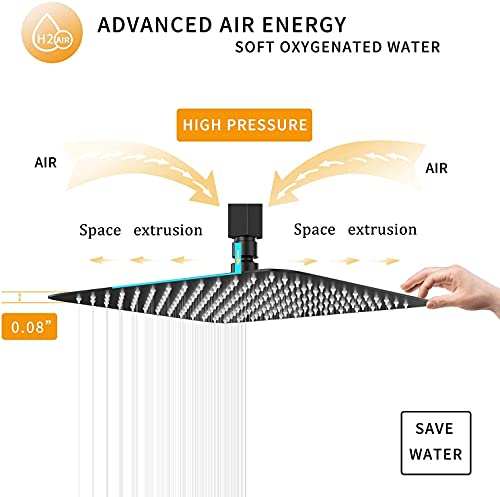 Rain Shower Head Black with Extension Arm 12 Inch Square Shower Head with 16 Inch Shower Arm Large Stainless Steel Rainfall Showerhead Matte Black Waterfall Full Body Coverage by GGStudy by GGStudy - Image 7