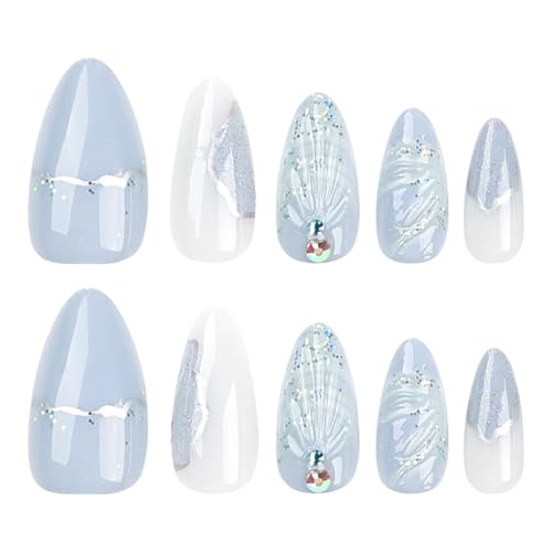 Image of Ocean Shell Press on Nails Light Blue Fake Nails Medium Almond False Nails with Rhinestone Design Glossy Glue on Nails Artificial Acrylic Nail Glitter Stick on Nails for Women Summer Manicure 24Pcs
