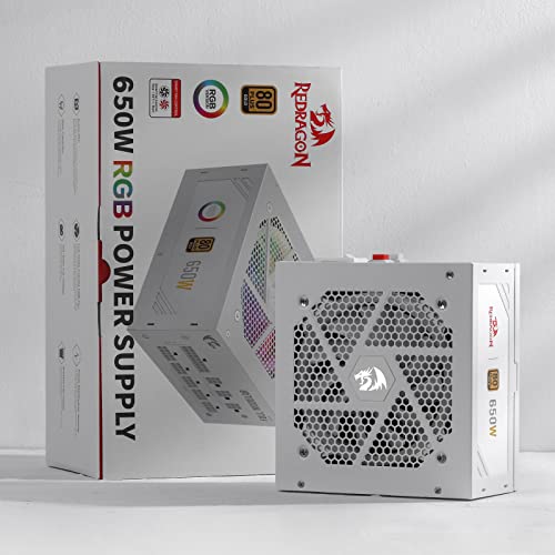 Image of Redragon RGPS-650W 80+ Gold 650 Watt ATX Fully Modular Power Supply w / 80 Plus Gold Certified, Compact 160mm Size and Low Noise RGB Fan 0 RPM, 100% Japanese Capacitors, Full Mod Cables, White
