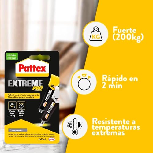 Miniatura 3 de Pattex Extreme Pro, Adhesivo Extra Fuerte Multiusos Y Multimaterial, Pegamento Epoxi Bicomponente De Uso Universal, Pegamento Instantáneo 2 Min Transparente, 2 X 11 Ml