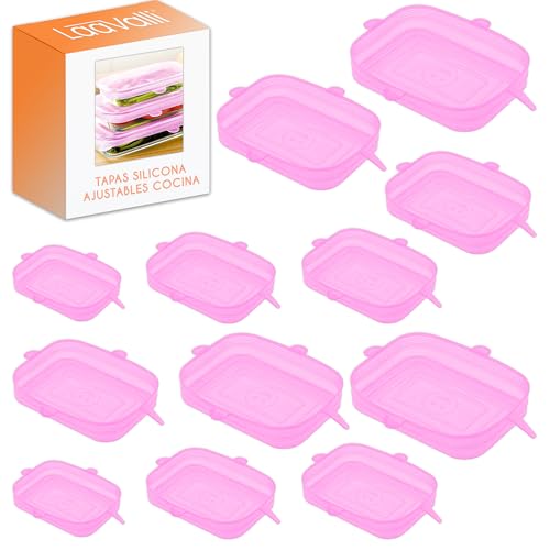 Tapas Silicona Ajustables Cocina 12 uds Ajustables y Reutilizables Ecologicas Sin BPA Compatibles con todo tipo de recipientes Aptas para Lavavajillas optimas para Mantener Alimentos Frescos cua rosa