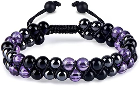 Triple Protection Bracelet for Women, Genuine Healing Crystal Bracelet Amethyst Black Obsidian Hematite 6mm, Pyramid Energy Crystal Beads Bracelet for Protection and Balance