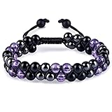 Triple Protection Bracelet for Women, Genuine Healing Crystal Bracelet Amethyst Black Obsidian Hematite 6mm, Pyramid Energy Crystal Beads Bracelet Christmas Gifts for Mom Wife for Protection Balance