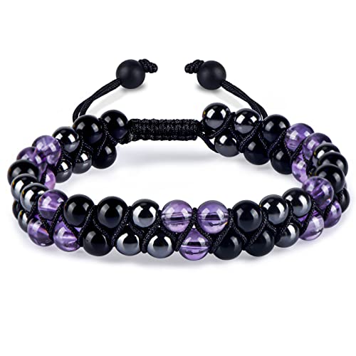 Triple Protection Bracelet for Women, Genuine Healing Crystal Bracelet Amethyst Black Obsidian Hematite 6mm, Pyramid Energy Crystal Beads Bracelet Christmas Gifts for Mom Wife for Protection Balance