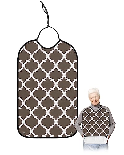 Brown Morocco Pattern Adult Bibs for Eating, Waterproof Bibs with Food Catcher & Adjustable Snap Closure, White Moroccan Geometric Art Washable Clothing Protectors Adult Bibs for Elderly Women/Men
