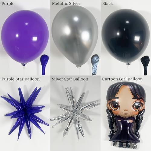 Image of ECEAE 144Pcs Purple Black Balloon Arch Garland Kit with Star and Gothic Cartoon Girl Foil Balloons for Spooky Birthday Decorations, Halloween Balloon Garland, Gothic Girl Party Supplies
