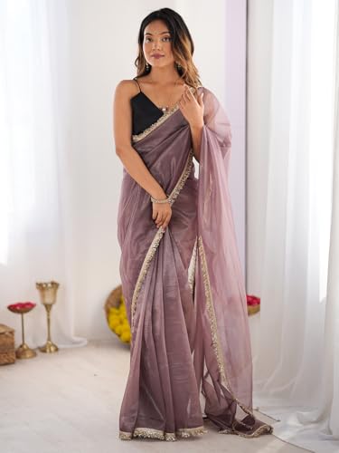 Image of AKHILAM Women's Shimmer Net Solid Saree With Unstitched Blouse Piece