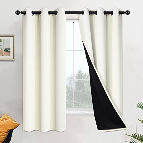 Image of Yakamok 63 Inch Length 100% Blackout Curtains for Bedroom, 2 Thick Layers Thermal Insulated Grommet Total Blackout Drapes with Black Liner for Living Room (42Wx63L,Cream, 2 Panels)