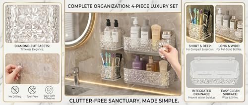 Image of Luxura Self Adhesive Bathroom Shelf Set of 4 | Clear Acrylic Bathroom Organizer | Wall Mounted Bathroom Rack | Waterproof & Rustproof Storage Shelf for Bathroom & Kitchen