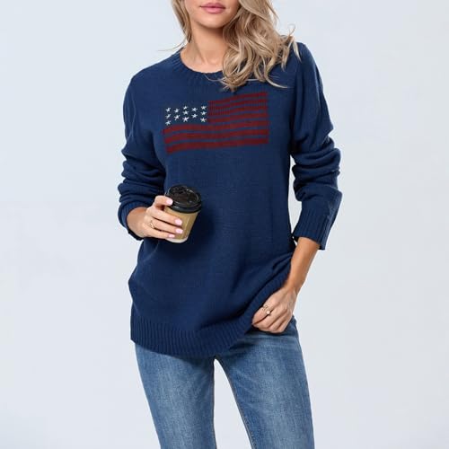 Image of Womens American Flag Sweater Long Sleeve Crew Neck Star Graphic Knit Pullover Tops Casual Loose USA Sweater