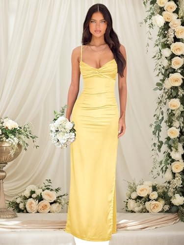 Spaghetti Straps Bridesmaid Dresses Long for Women Pleated Satin Formal Party Gown with Slit2