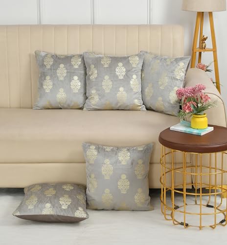 Image of DEVSANG Foil Velvet Cushion Covers 18 inch x 18 inch Set of 5 pc, Silver Grey