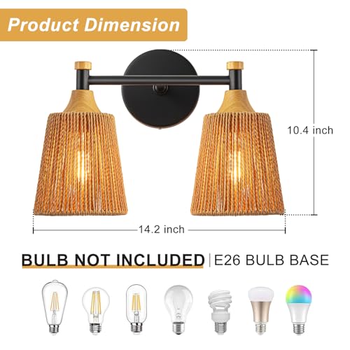 Image of 2-Light Boho Vanity Light Fixtures, Farmhouse Bathroom Light Fixtures Over Mirror, Rustic Rattan Vanity Lighting with Hand-Woven Lampshade for Bedroom Living Room Bathroom Restroom Hallway
