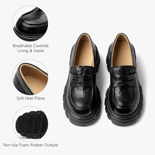 Image of BEAU TODAY Loafers for Women Dressy Leather Chunky Plaform Shoes | Genuine leather, breathable, Non-slip, thick sole business casual shoes
