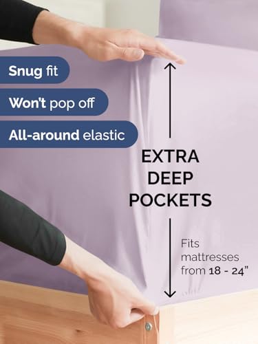 Image of Extra Deep Cal King Fitted Sheet - Single Fitted Sheet - Light Lavender | Easily Fits 18 inch to 24 inch Mattress, Soft, Wrinkle Free, Breathable & Comfy, Extra Deep Pockets Hotel Luxury Fitted Sheet