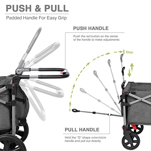 Ever Advanced Foldable Wagons For Two Kids & Cargo, Collapsible Folding Wagon Stroller With Adjustable Handle Bar,Removable Canopy With 5-Point Harness,Black #TOP3