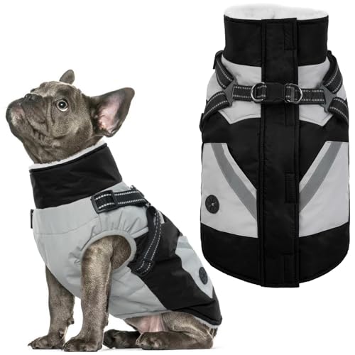 IECOii Dog Winter Coat Waterproof - Black, Medium - Dog Coat with Harness Built in for Medium Dogs, Thermal Warm Fleece Lined with Zip Up Cold Weather