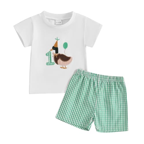 Sasaerucure Baby Boy First Birthday Clothes One Year Old Boy Outfit Short Sleeve Mallard Duck Shirts + Plaid Shorts Set (Green, 12-18 Months)