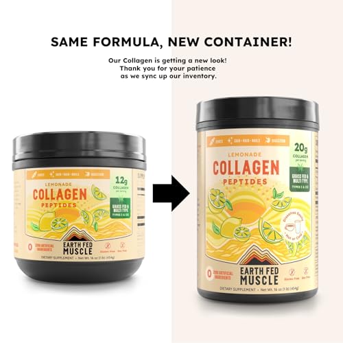 Image of Earth Fed Muscle Lemonade Collagen Peptides, Third-Party Certified. 20g Protein, Lemonade - Grass Fed, Non-GMO, Hormone Free, Gluten Free - Multi-Type - 20 Servings