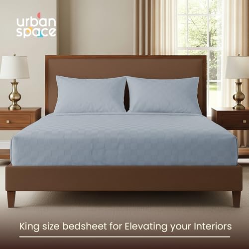 Image of Urban Space 100% Cotton 300TC Jacquard bedsheets for King Size Bed, Pure Cotton Bedsheet King Bed, Checks bedsheet King Size with 2 Pillow Covers (108 x 108 Inches, Greyish Blue Cubes)