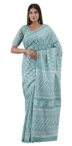 Sari en pur coton imprimé à la main avec son chemisier assorti