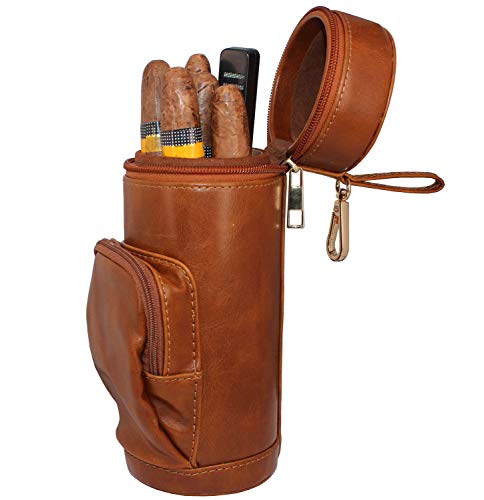 Amancy Upgrade Cedar Wood Lined Portable Travel Leather Cigar Humidor Case With Pocket,Easily Carry Lighter And Cutter #TOP1