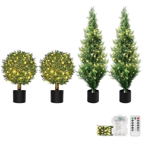 JOZHENJU 2FT Artificial Boxwood Topiary Ball + 4FT Topiary Trees Artificial Outdoors Cover