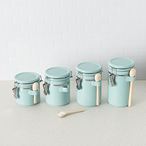 Canister Sets For The Kitchen (4 Piece) Turquoise, High Gloss Ceramic | By Home Basics | Decorative Kitchen Set | With Wooden Spoons, Countertop Set For Flour, Sugar, Coffee, And Snacks #TOP4