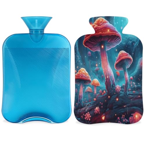 Hot Water Bottle with Soft Cover,2L Glowing Mushrooms Hot Water Bag for Hot and Cold Compress, Hand Feet Warmer, Gothic Mushrooms Rubber Hot or Cold Water Bottle Halloween Christmas Decorations