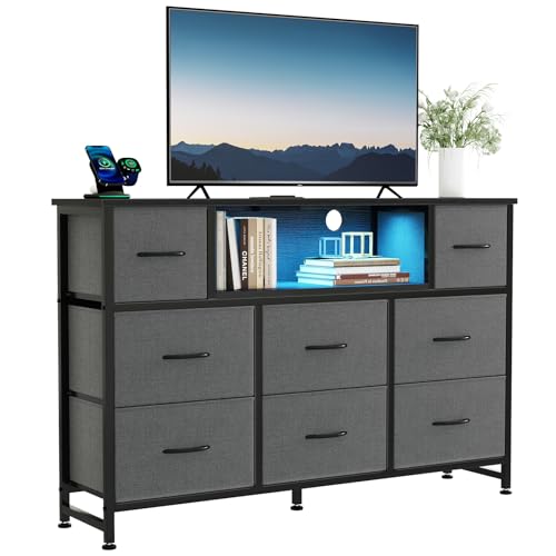 DUMOS TV Stand Dresser with 8 Fabric Drawers and Open Shelves, LED Entertainment Center with Charging Station, Wood Top Media Console for 45-55 inch, Bedroom, Grey