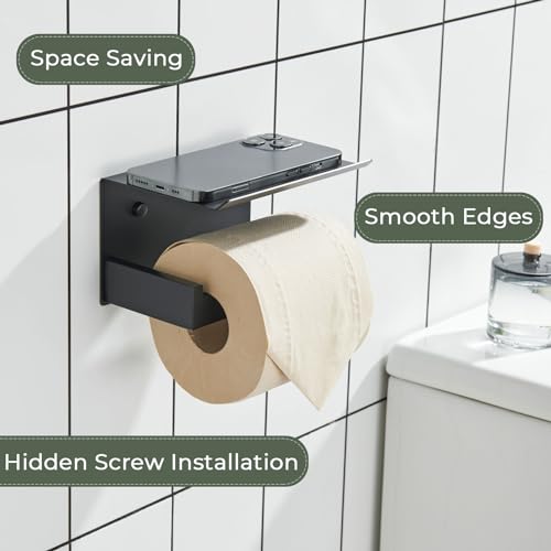 Image of KOKOSIRI Black Toilet Paper Holders with Shelf Bathroom Toilet Paper Roll Holder SUS304 Stainless Steel Wall Mounted, Matte Black, B2010BK