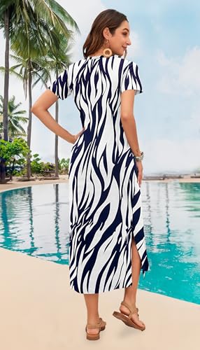 Image of MISFAY Womens Maxi Dress Short Sleeve V Neck Loose with Pockets | Soft stretchy breathable, v neck loose fit, side split hem, two side pockets, casual daily beach vacation travel dress