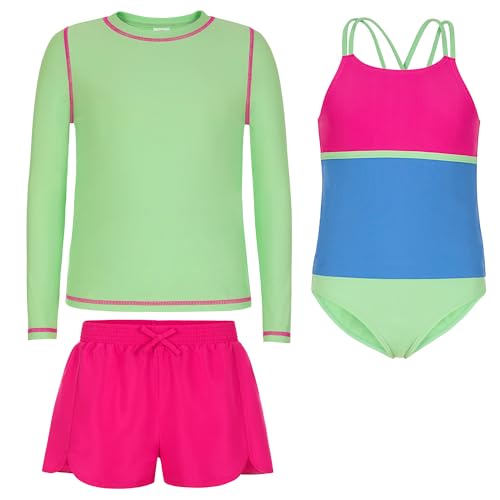 Image of Saint Eve Kids 4-Piece Swimsuit Set UPF 50+ Girls Long Sleeve Rash Guard Tankini Top Bikini Bottom & Swim Shorts