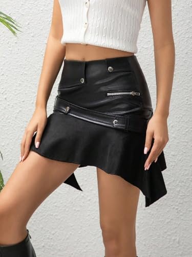 Women's Basic Mini Skirt Asymmetrical Waist Button Belt Suede Hem PU Leather Skirt3