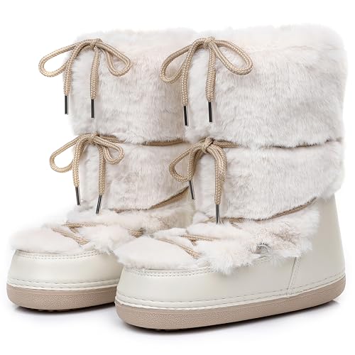 Image of ZHENAIYISHENG Faux Fur Boots for Women - Fuzzy Fluffy Furry Water Resistant Snow Boots for Women - Anti-Slip with Cotton Sponge Lined and TPR Rubber Sole Black White Fur Boots