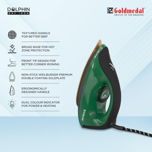 Image of Goldmedal Dolphin 1100W Dry Iron| Non-stick Weilburger Premium Coated Soleplate | iron for clothes | 5 Fabric Setting| Broad Base for Hot zone Protection | Shock-Proof Body (Green- Black)