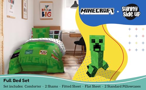 Image of Sunny Side Up Minecraft Full Comforter Set - 7 Piece Kids Bedding Includes Comforter, Sheets & Pillow Cover - Super Soft Gamer Microfiber Bed Set