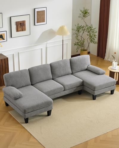 Image of Karl home Compact U-Shape Sectional Sofa Couch 111 inch 4-Seat Dust Gray | Modern, Chenille Fabric Upholstered, Double Chaise, Wood Grain Legs for Living Room, Home Office, Apartment, Studio