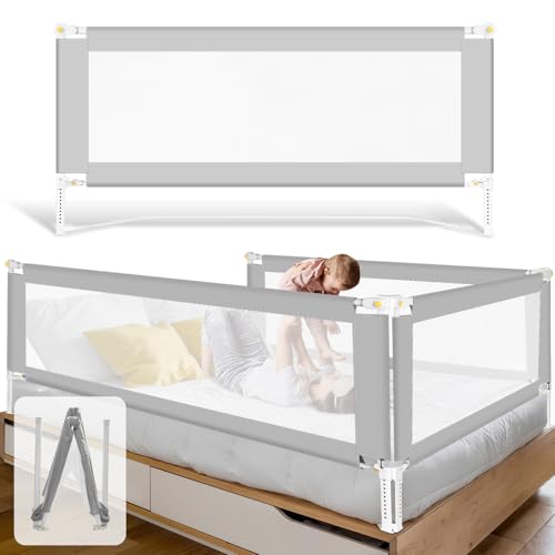 Fiqops Barrera de cama con protección contra caídas 200CMx2+150CMx1 Plegable con base en U, barrera de cama ajustable en altura 68 95cm para camas infantiles y de matrimonio, gris