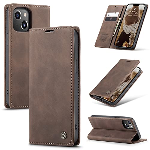Coque iPhone 13 en cuir PU café avec porte-carte et rabat de protection