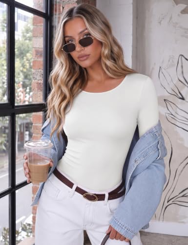 Ekouaer Long Sleeve Shirts for Women Scoop Neck Tight Slim Basic Fitted Top - image 2