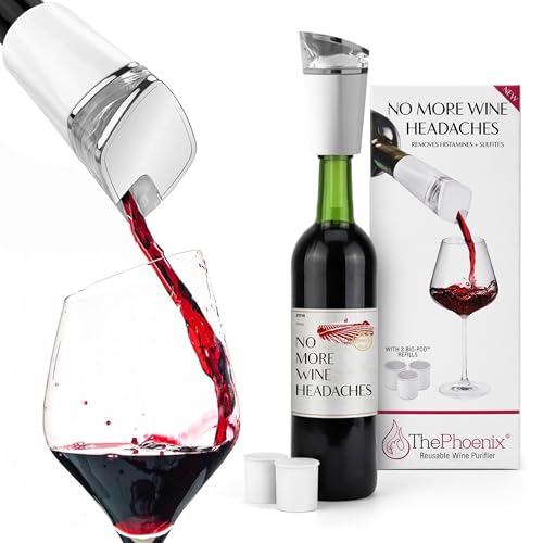 PureWine Phoenix Wine Aerator Pourer Spout - Removes Histamines & Sulfites as You Pour, Red & White Wine Purifier Filter, Helps Allergies & Headaches, Restores Oxidized Bottles- Starter Kit, White