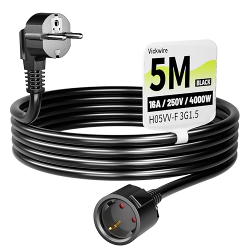 Vickwire Qualitätskunststoff-Verlängerungskabel 5 m Verlängerungskabel mit Schutzkontaktstecker Schuko schwarzes Verlängerungskabel für den Innenbereich 16 A/250 V H05VV-F 3G1 5 mm IP44