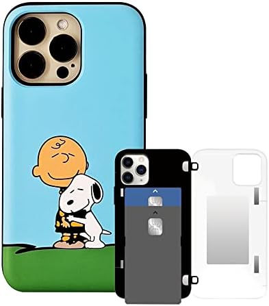 [iPhone 14 Pro Max Mirror Wallet Case] Kubrick Peanuts Snoopy Case Card Holder Mirror Bumper Phone Case Dual Layers Shockproof UV Printing (Charlie Brown and Snoopy)