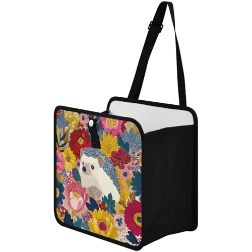 Image of Car Trash Can Organizer Bin with Adjustable Strap for Back Front Seat Console Waterproof Leakproof Collapsible Portable 8.66 Inch Garden Flowers Hedgehogs Colorful